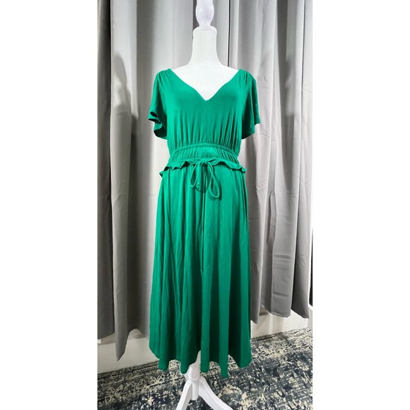Anthropologie Maeve Green Soft Ruffled Open Back Short Sleeve V Neck Dress Med - Picture 5 of 6
